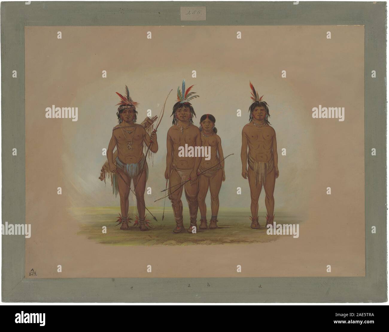 Eine Darstellung von George Catlin aus den Jahren 1854–1869, die vier Macouchi-Indianer in traditioneller Kleidung zeigt und kulturelle Kleidung, Frisuren und persönliche Gegenstände der Mitte des 19. Jahrhunderts hervorhebt. Stockfoto