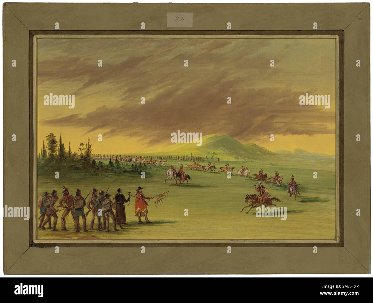 La Salle trifft auf einen Krieg Partei der Cenis Indianer auf einem Texas Prärie. April 25, 1686; 1847/1848 George Catlin, La Salle trifft auf einen Krieg Partei der Cenis Indianer auf einem Texas Prairie April 25, 1686, 1847-1848 Stockfoto