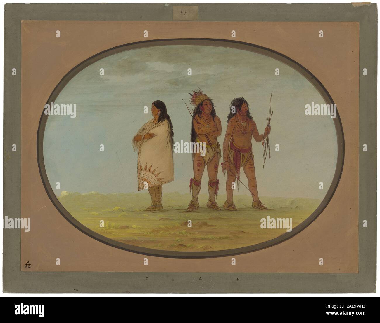 Gemälde von George Catlin zwischen 1861 und 1869, das drei Navajo-Individuen in traditioneller Kleidung zeigt und Aspekte der Kultur, Kleidung und sozialen Identität der Ureinwohner in der Mitte des 19. Jahrhunderts erfasst. Stockfoto