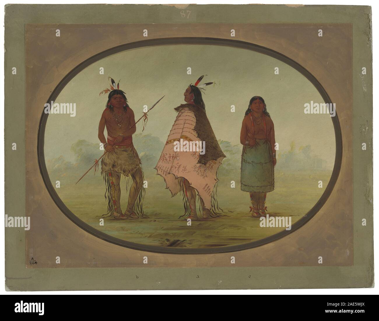 Zeigt zwei Apachen-Krieger und eine Frau mit Kleidung, Frisuren und kulturellen Accessoires. Von George Catlin zwischen 1855 und 1869 gemalt, wobei er die realistische Darstellung des Lebens und der Umgebung der Ureinwohner hervorhebt. Stockfoto