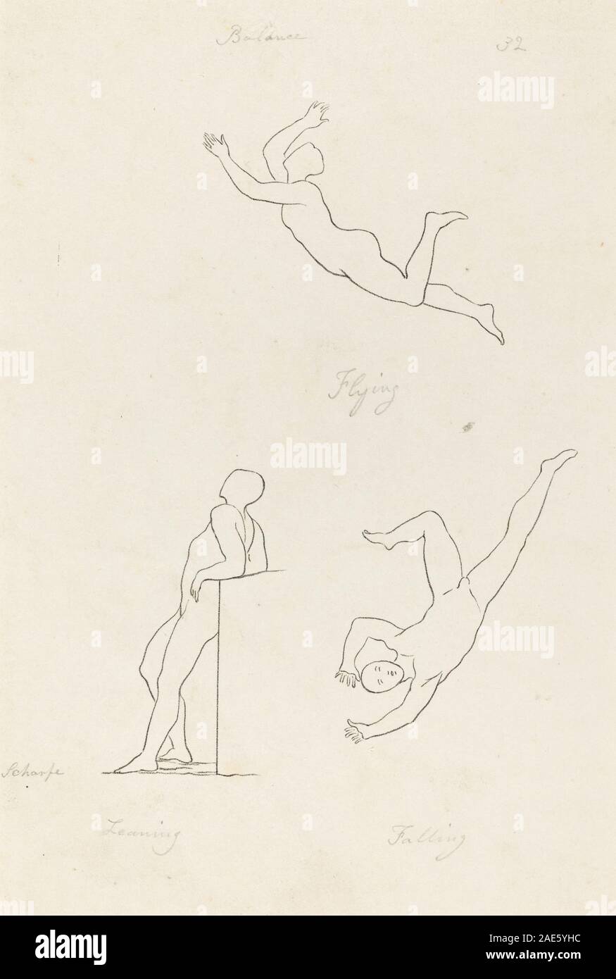 Leaning, Flying and Falling (1829) ist ein Druck von George scharf nach John Flaxman. Es zeigt Figuren in Bewegung mit klassischem Einfluss, die Flaxmans neoklassischen Stil und die Aufmerksamkeit auf anatomische Proportionen und Komposition zeigen. Stockfoto