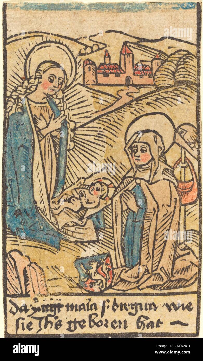 Ein deutsches Gemälde um 1480–1500, das Madonna mit der Heiligen Bridget zeigt, auf dem zwei weibliche Heilige, Gesten, Halos, Kleidung und religiöse Komposition der Nördlichen Renaissance dargestellt sind. Stockfoto