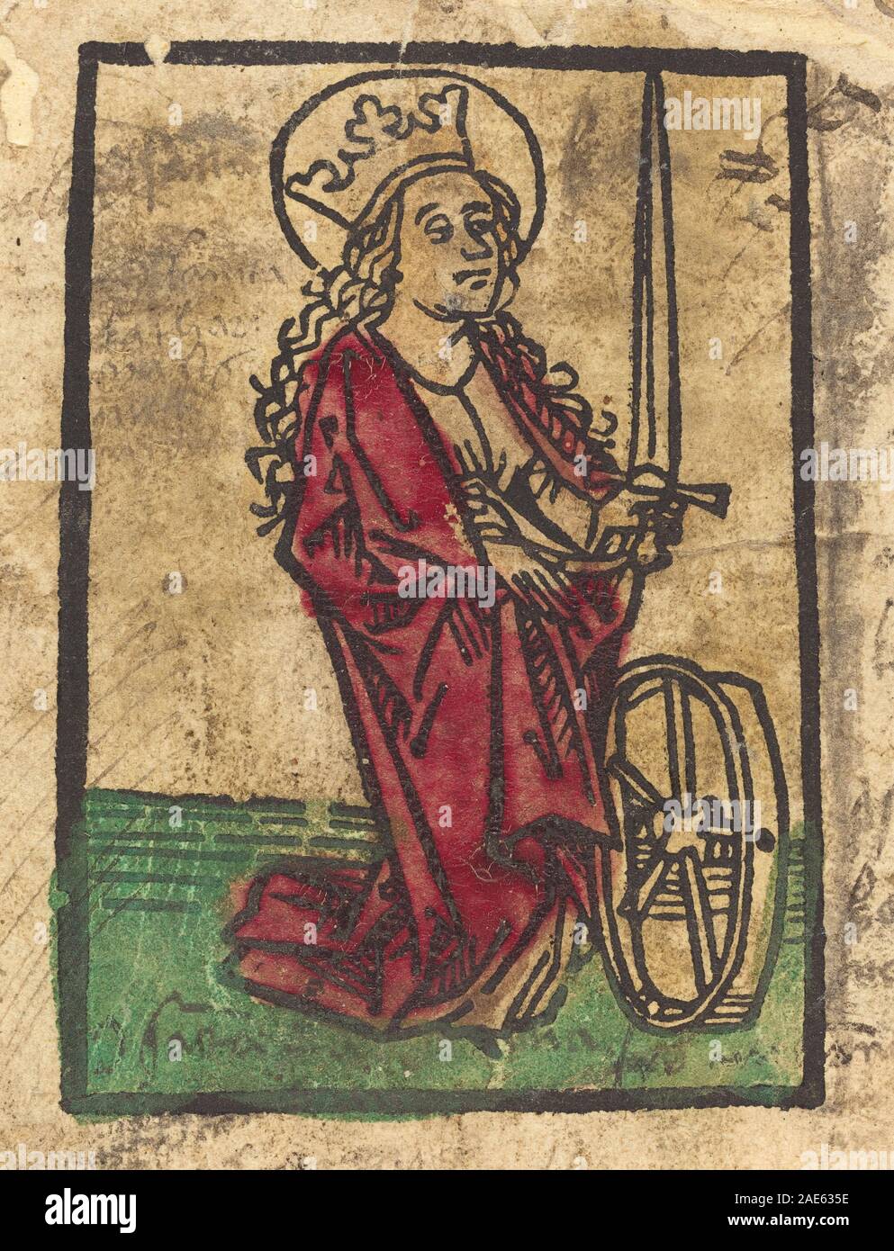 Gemälde "Heilige Katharina von Alexandria", 15. Jahrhundert, 1475-1485, Darstellung der Heiligen Katharina, Krone, Märtyrerrad, Bademäntel, Gesten, Halo, Figuren, architektonischer Hintergrund, gotischer Stil, religiöse Komposition. Stockfoto