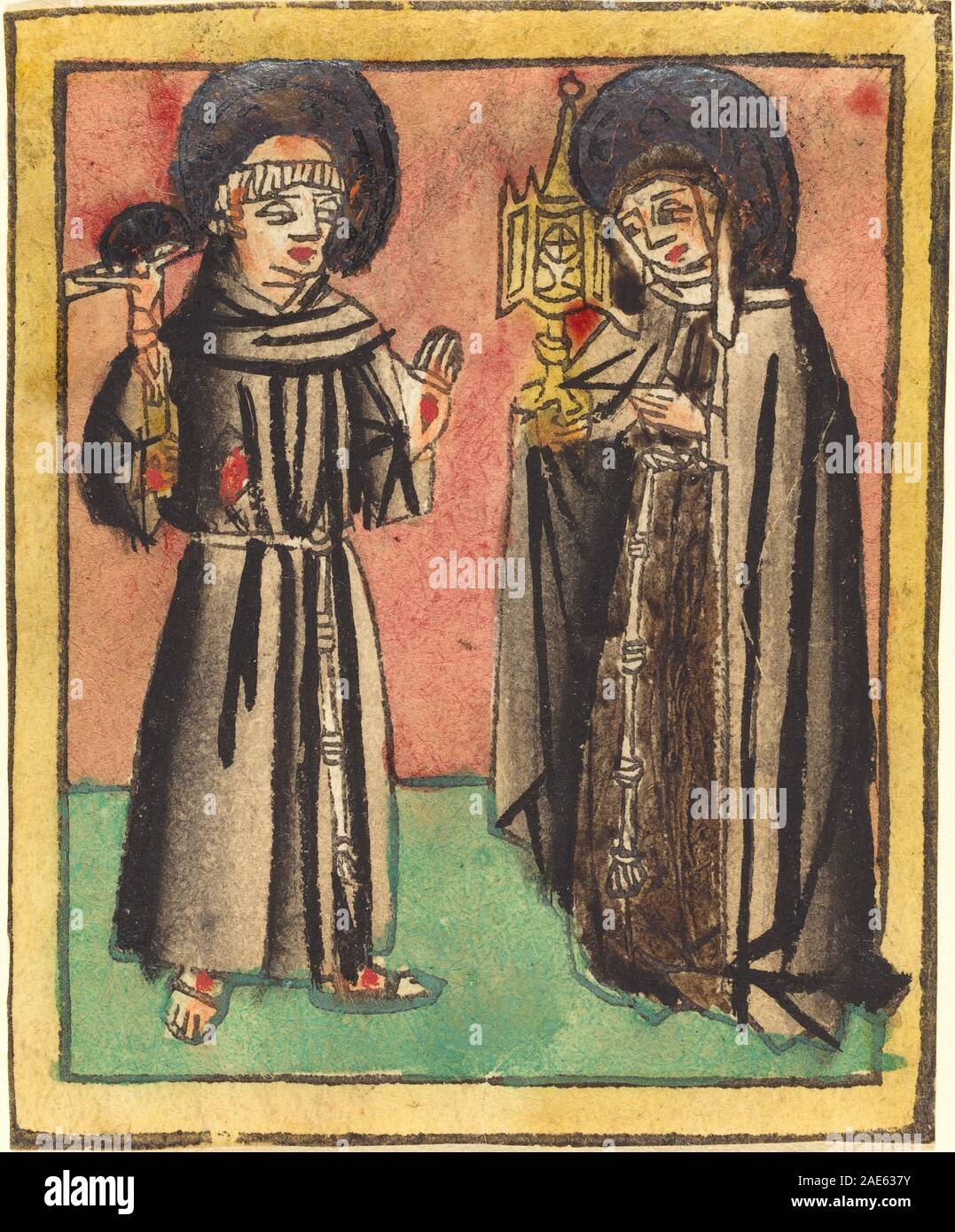 Ein deutsches Gemälde aus dem 15. Jahrhundert, das den Heiligen Franz von Assisi und die Heilige Clara von Assisi darstellt. Das Werk zeigt beide Heiligen in traditioneller religiöser Kleidung und betont ihre Hingabe, Demut und spirituelle Verbindung. Die Komposition enthält symbolische Elemente, die mit ihrem Leben und der franziskanischen Ordnung verbunden sind. Stockfoto