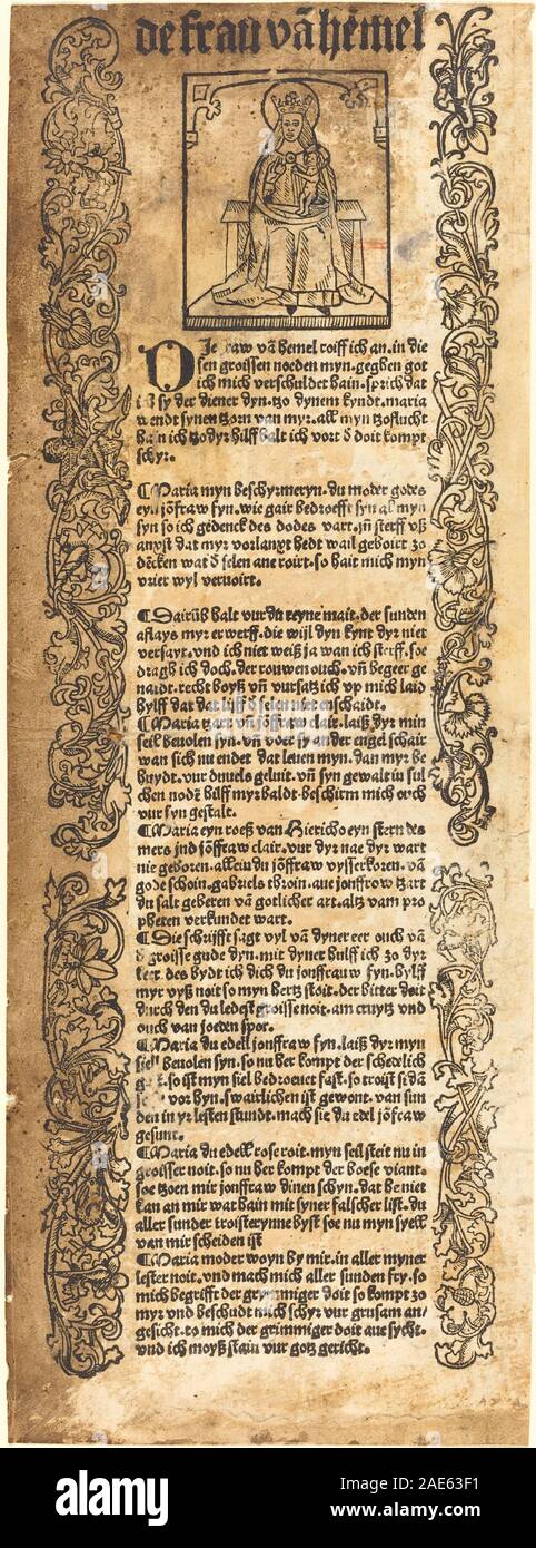 Deutsches Kunstwerk aus dem 15. Jahrhundert um 1500, das eine Andachtsszene der Madonna darstellt und musikalische Elemente mit religiösen Bildern verbindet, die typisch für den gotischen Kunststil dieser Zeit sind. Stockfoto