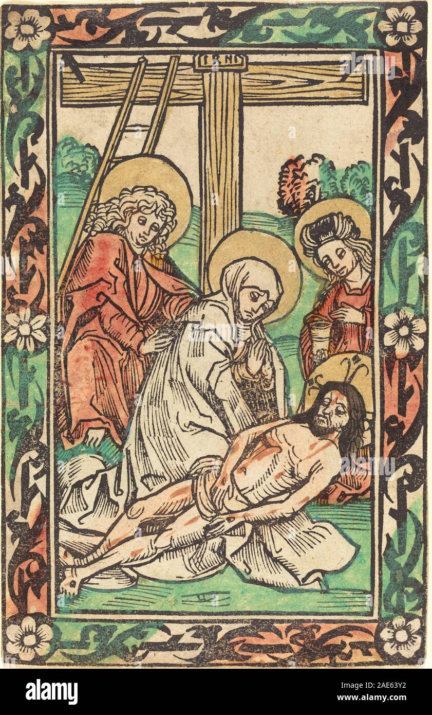 Ein deutsches Gemälde aus dem 15. Jahrhundert aus der Zeit um 1480-1500, das die Trauer der Jungfrau Maria über den Leib Christi mit umliegenden Figuren und hingebungsvoller Ikonographie zeigt. Stockfoto