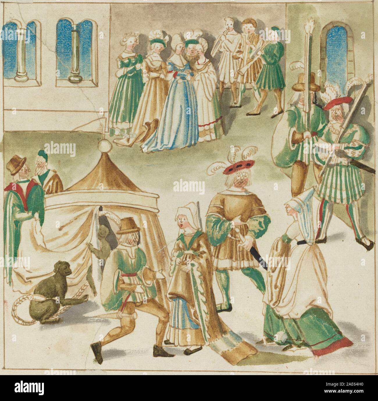 Ein deutsches Gemälde aus dem jahr 1515, das Hofamüsanten mit zwei Affen, menschlichen Figuren, Gesten, Kostümen, Innenräumen, Möbel und Komposition der nördlichen Renaissance aus dem 16. Jahrhundert. Stockfoto