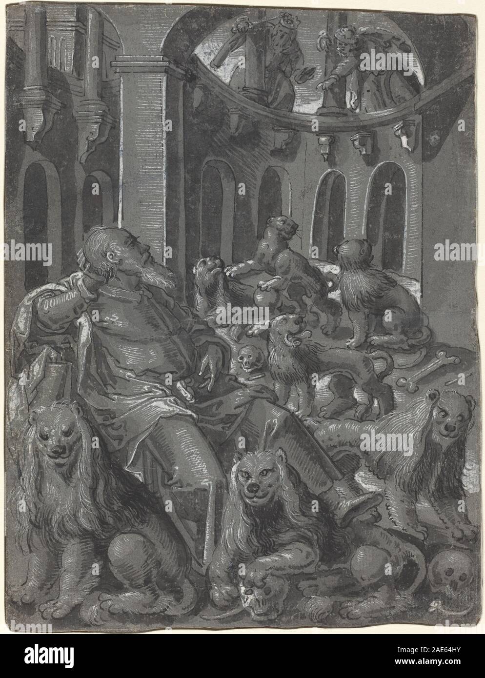 Dieses deutsche Gemälde aus dem 16. Jahrhundert, um 1600, zeigt Daniel in der Löwengrube, zeigt Daniel, Löwen, Gesten, Haltung, Gesichtsausdruck und Höhleneinstellung. Die Komposition betont die religiöse Erzählung und den Stil der Nördlichen Renaissance. Stockfoto