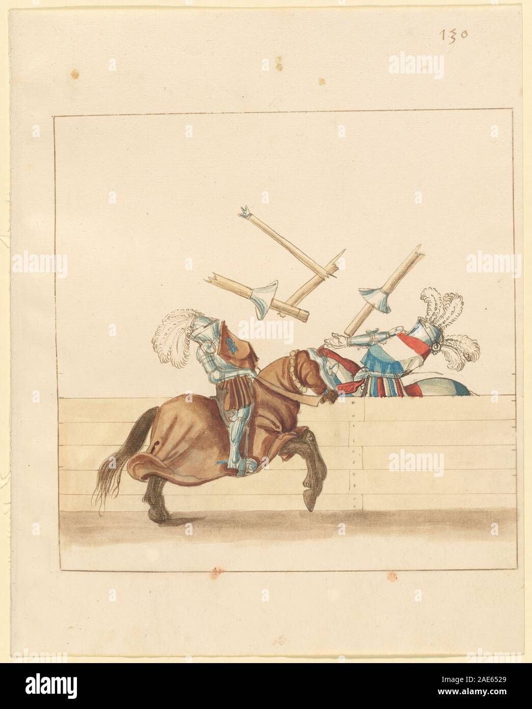 Eine deutsche Handschrift aus dem 16. Jahrhundert mit dem Titel „Freydal“ aus dem Jahr 1515, die Ritterkämpfe und Kämpfe zu Pferd während der Turniere Kaiser Maximilians I. zeigt und Ritter, Rüstungen, Pferde und heraldische Banner zeigt. Das Werk veranschaulicht die ritterliche Kultur der Renaissance und die Illustration der Handschriften. Stockfoto