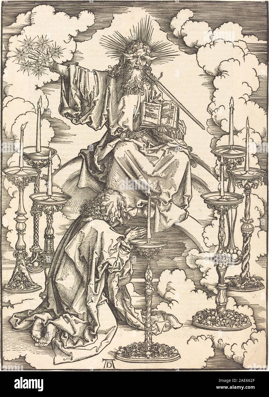 Die Vision der Sieben Kerzenleuchter, die um 1496-1498 von Albrecht Dürer geschaffen wurde, zeigt eine biblische Szene mit symbolischen Kerzenleuchtern, Figuren und detaillierter religiöser Ikonographie, die typisch für die Kunst der Nördlichen Renaissance ist. Stockfoto