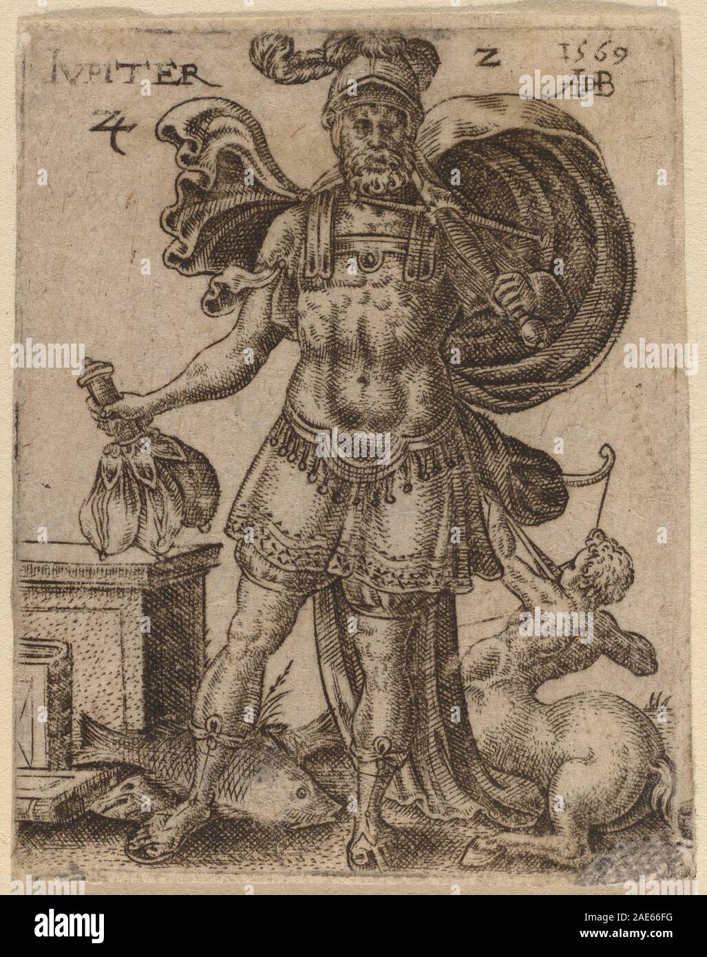 Ein Kupferstich von Abraham de Bruyn aus dem Jahr 1569, der den römischen Gott in klassischer Ikonographie, Figuren und mythologischer Symbolik zeigt. Stockfoto