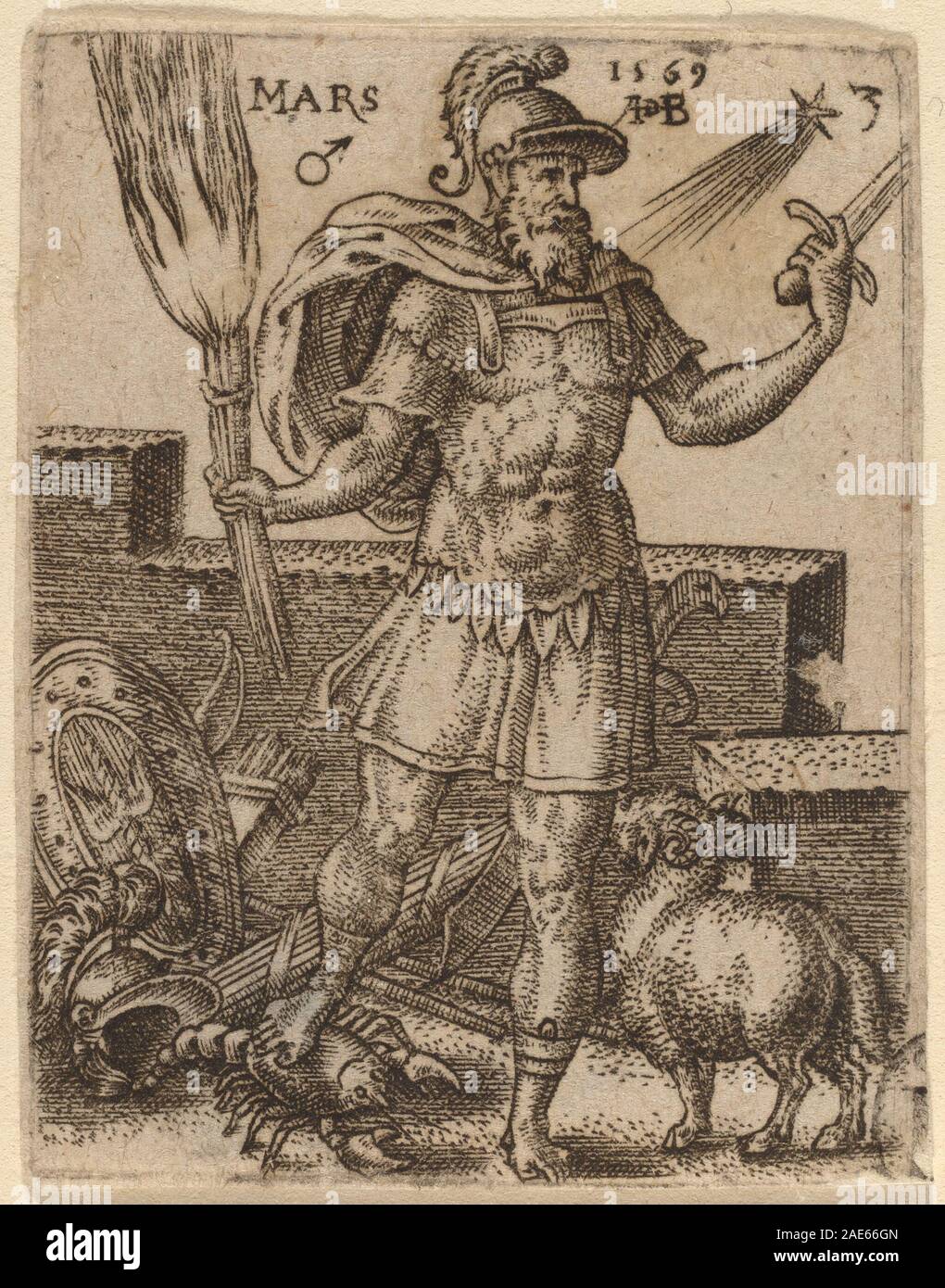 Ein Kupferstich von Abraham de Bruyn aus dem Jahr 1569, der den Planeten Mars mit symbolischen Attributen, klassischer Darstellung und planetarischer Ikonographie darstellt. Das Werk veranschaulicht die europäischen astronomischen und künstlerischen Studien des 16. Jahrhunderts. Stockfoto