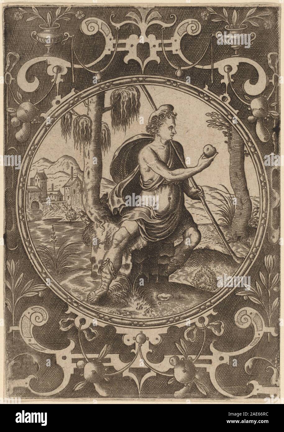 Ein Gemälde von Abraham de Bruyn, das die mythologische Szene von Paris zeigt, die den Apfel empfängt, und klassische Figuren, Vorhänge, Gesten und einen natürlichen Landschaftshintergrund zeigt. Stockfoto