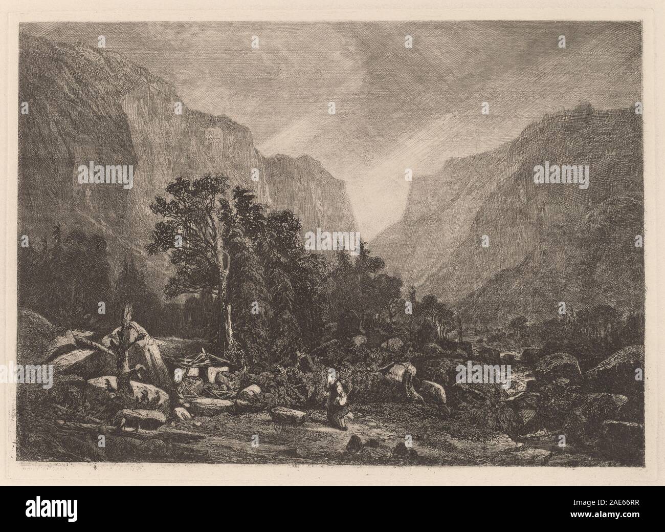 Alexandre Calames Gemälde aus dem Jahr 1838-1850 zeigt ein Paar, das in der Nähe einer Ruine in einer ländlichen Umgebung steht. Das Werk betont Landschaft, architektonischen Verfall und menschliche Figuren im Schweizer Stil der Mitte des 19. Jahrhunderts. Stockfoto