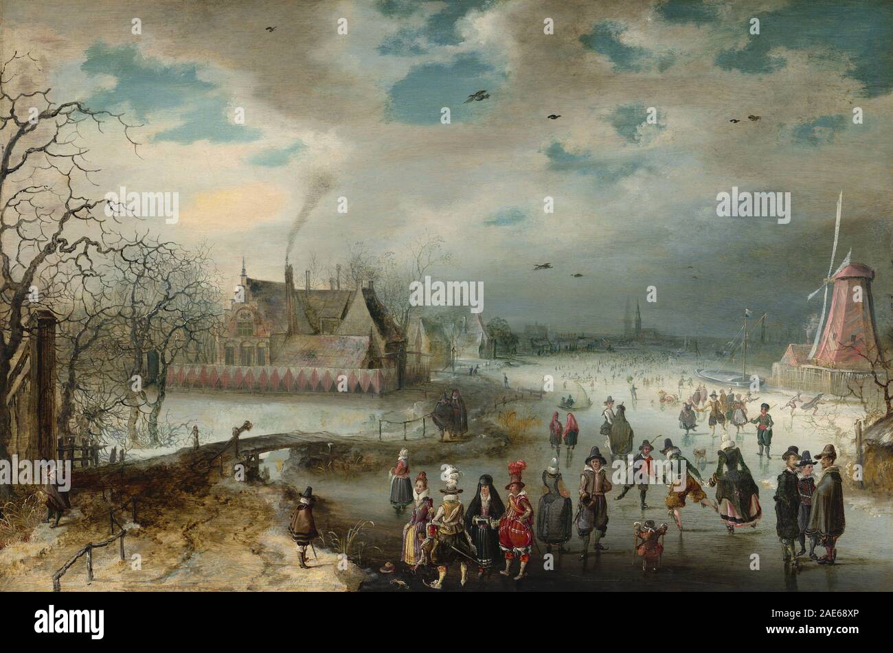 Dieses Gemälde von Adam van Breen aus dem Jahr 1611 zeigt Menschen, die auf dem gefrorenen Fluss Amstel Schlittschuhlaufen, und zeigt Figuren, Eis, Winterlandschaft und umliegende Gebäude. Die Komposition betont die saisonale Aktivität und die niederländischen künstlerischen Konventionen des 17. Jahrhunderts. Stockfoto