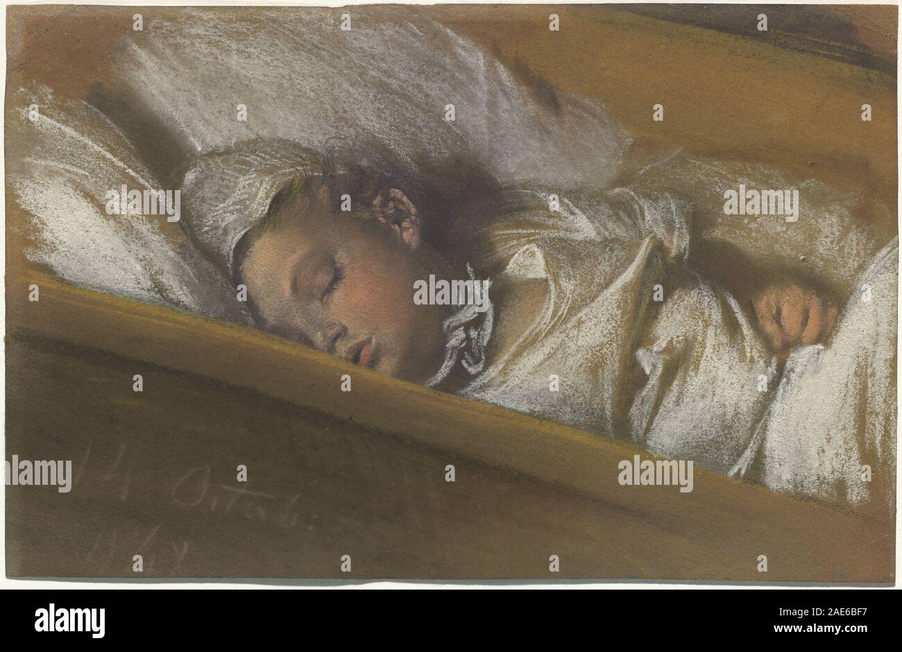 Ein Kind schläft in seiner Krippe; 1848 Datum Adolph Menzel, ein Kind schläft in seiner Krippe, 1848 Stockfoto