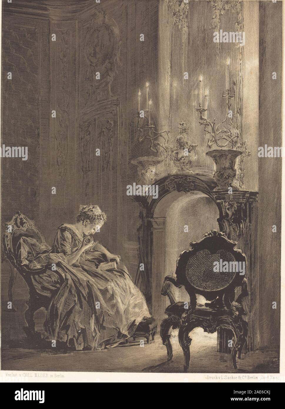 Frau vor ein Feuer; 1851 Datum Adolph Menzel, Frau, bevor ein Feuer, 1851 Stockfoto