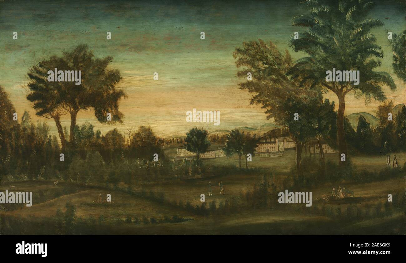 Stellt eine ländliche Landschaft mit Gebäuden, Feldern, Bäumen und Wegen dar. Gemalt im vierten Viertel des 18. Jahrhunderts, betont Architektur, Komposition und räumliche Anordnung. Stockfoto