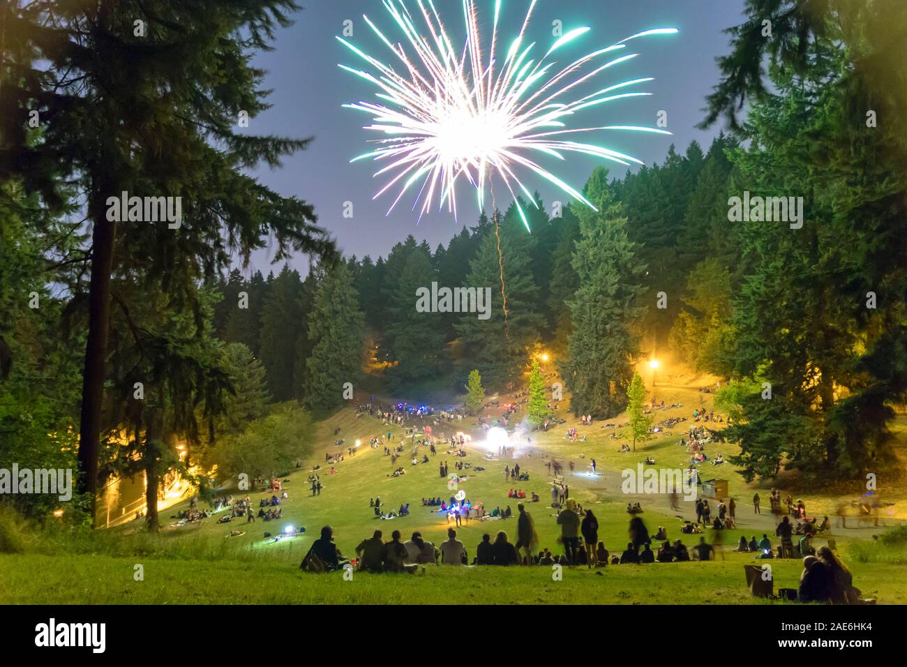 Viele Leute beobachten Feuerwerk in der Luft explodieren Stockfoto