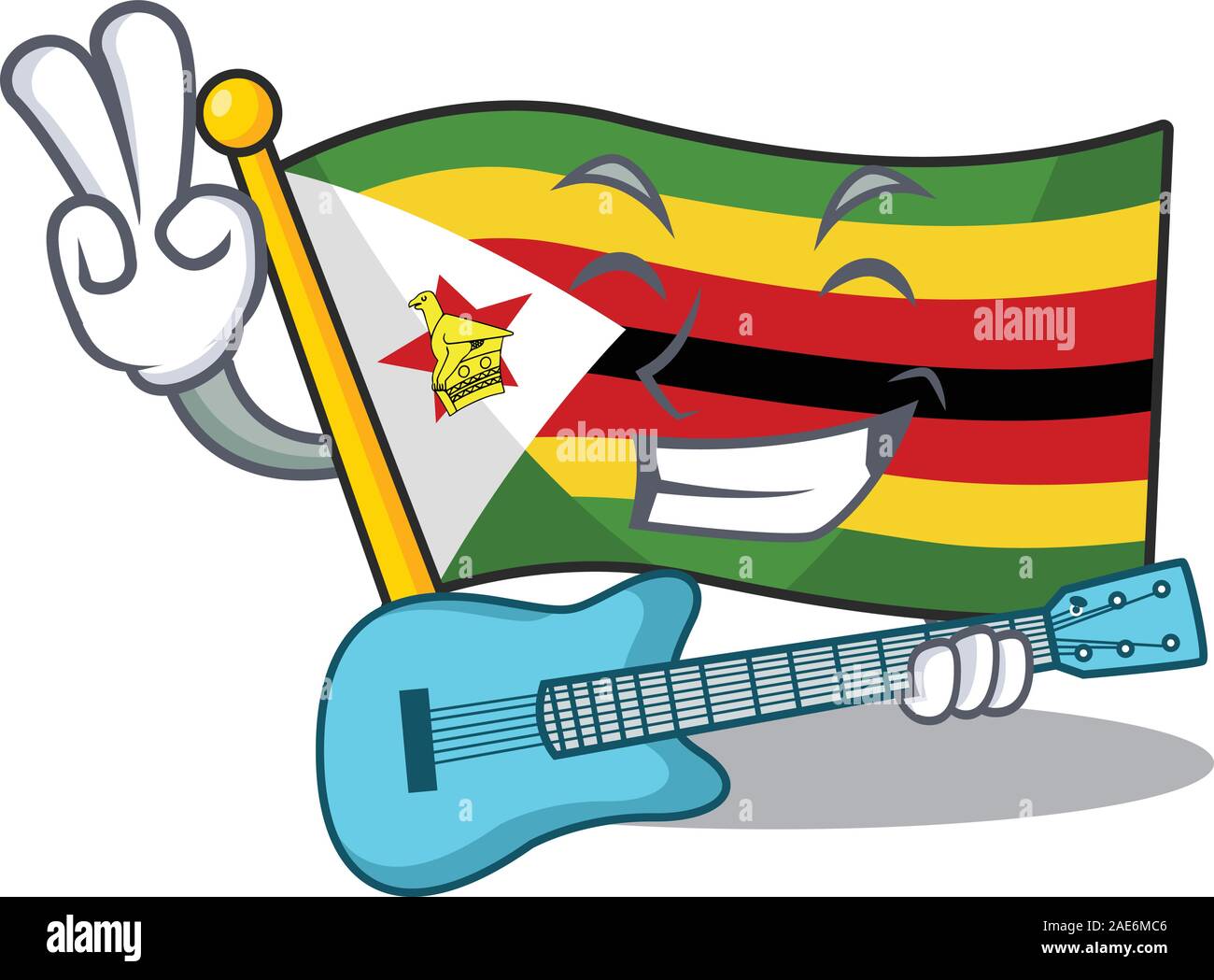Coole Flagge Simbabwe Zeichentrickfigur Leistung mit Gitarre Abendmahl Stock Vektor