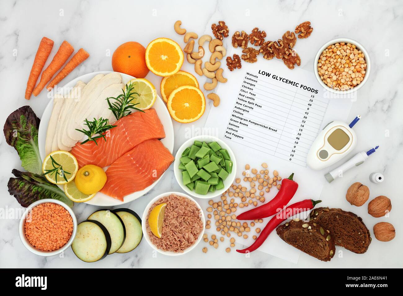 Niedrigen glykämischen Lebensmittel für Diabetiker mit Blutzucker Gerät & Lance. Lebensmittel unter 50 auf der GI-Index als pro Liste. Stockfoto