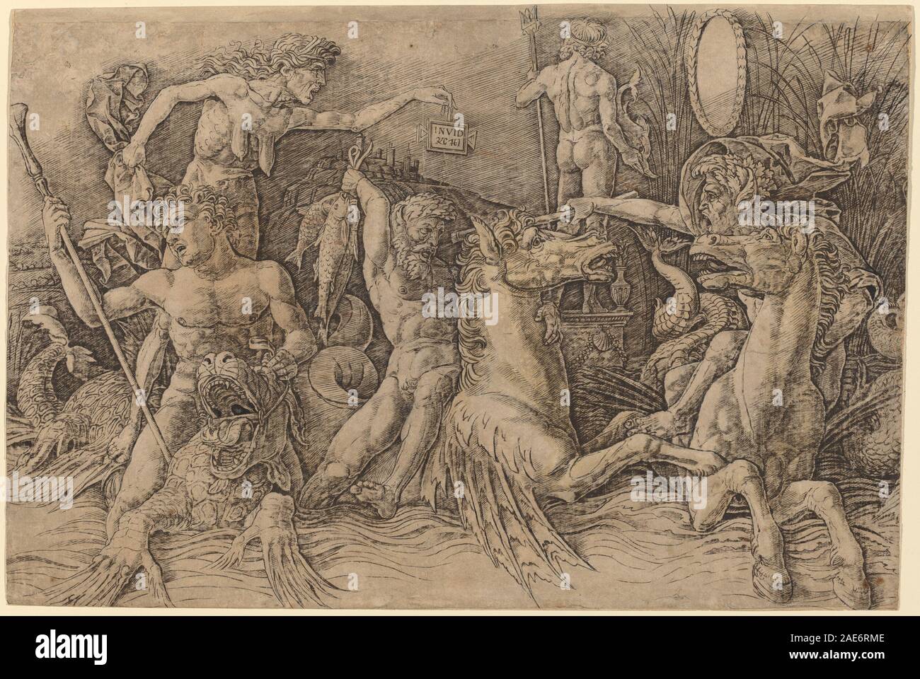 Dieses Werk von Andrea Mantegna um 1485-1488 zeigt die linke Hälfte der Schlacht der Meeresgötter, zeigt Figuren, Götter, Meeresbewohner, Wellen, Schiffe, Waffen, Rüstungen, Bewegung, Zusammensetzung, Gesten, Perspektive, Anatomie, Gesichtsausdrücke und Konventionen der Renaissance-Malerei. Stockfoto