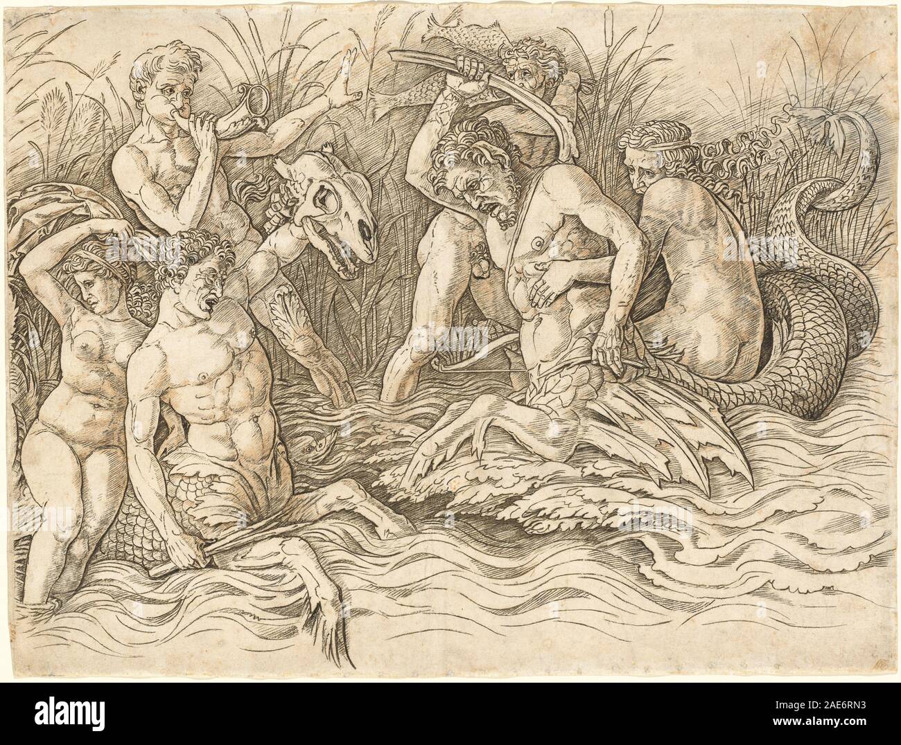 Ein Renaissance-Gemälde von Andrea Mantegna, um 1485–1488, das die rechte Hälfte einer mythologischen Seeschlacht mit Göttern, Meerestieren, Wellen, Waffen, dynamischen Figuren darstellt. und klassische Komposition. Stockfoto