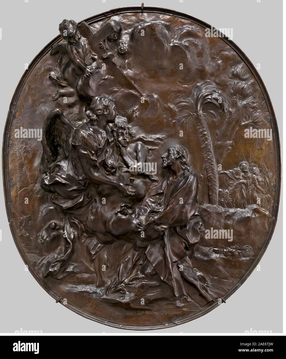 Diese Skulptur von Angelo de Rossi, um 1700, zeigt die Qualen im Garten und betont die Figur Christi, kniende Haltung, emotionalen Ausdruck, Vorhänge und barocke Skulpturen. Stockfoto