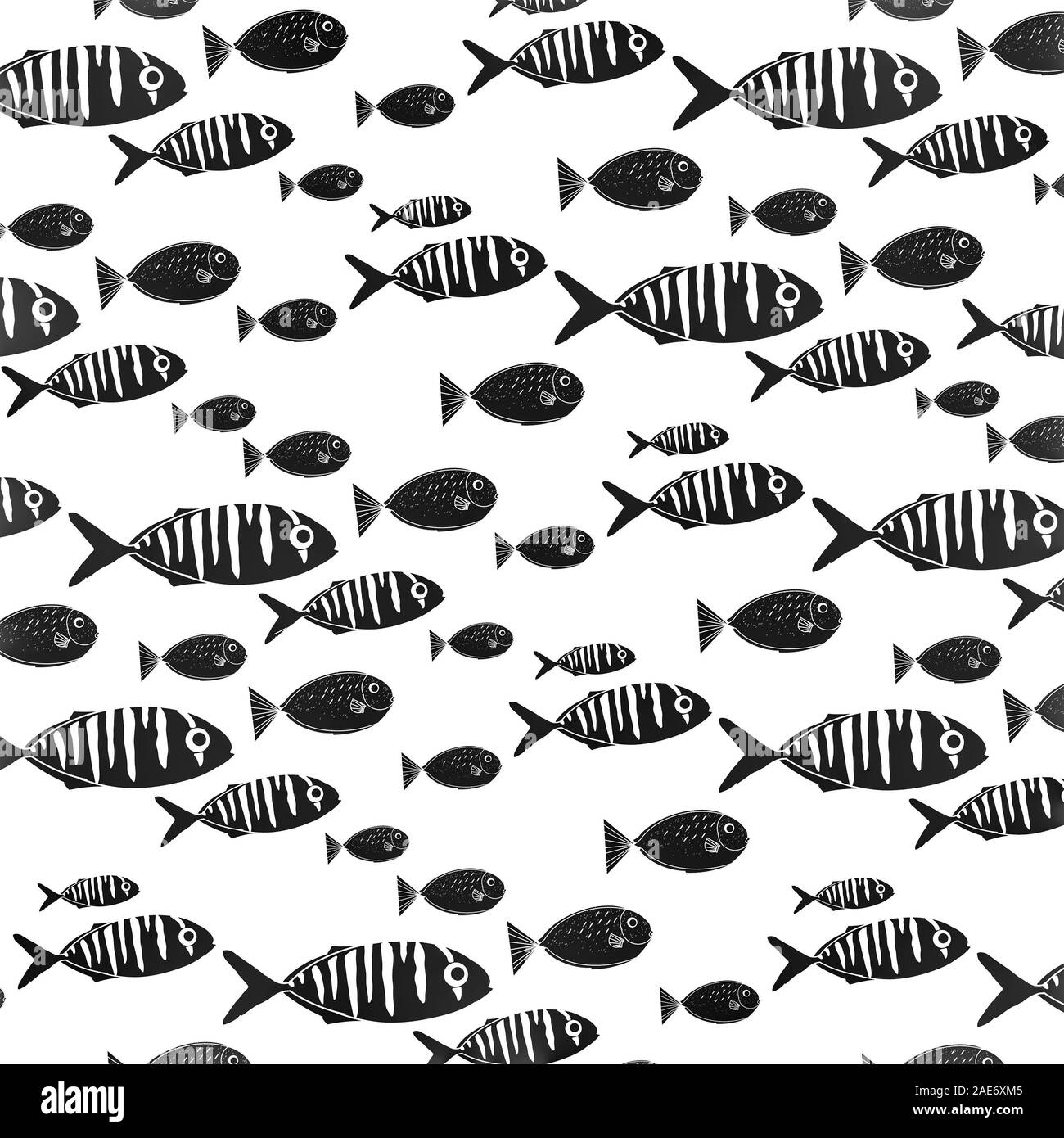 Silhouette der Gruppe von Meer Fische, kleine Tiere Unterwasser isoliert auf Weiss. Kleines Leben im Meer Muster. Umgebung der Ozeane und den Fluss. Stockfoto
