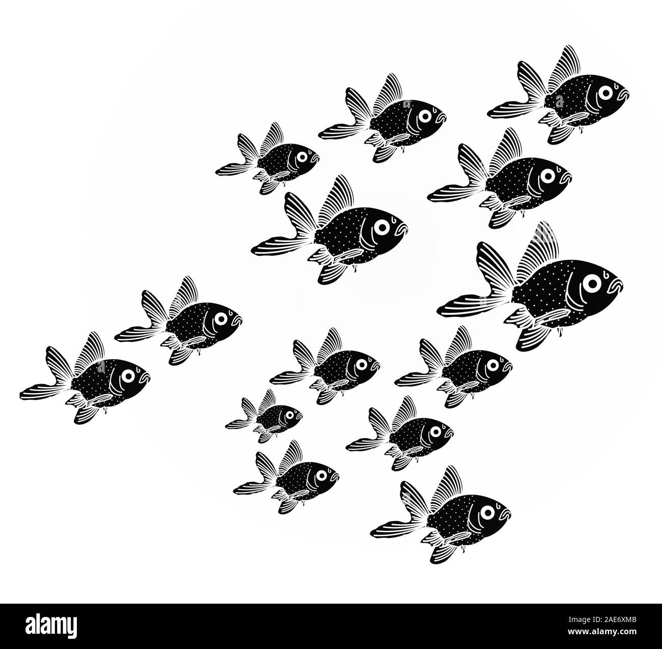 Silhouette der Gruppe von Meer Fische, kleine Tiere Unterwasser isoliert auf Weiss. Kleines Leben im Meer Muster. Umgebung der Ozeane und den Fluss. Stockfoto