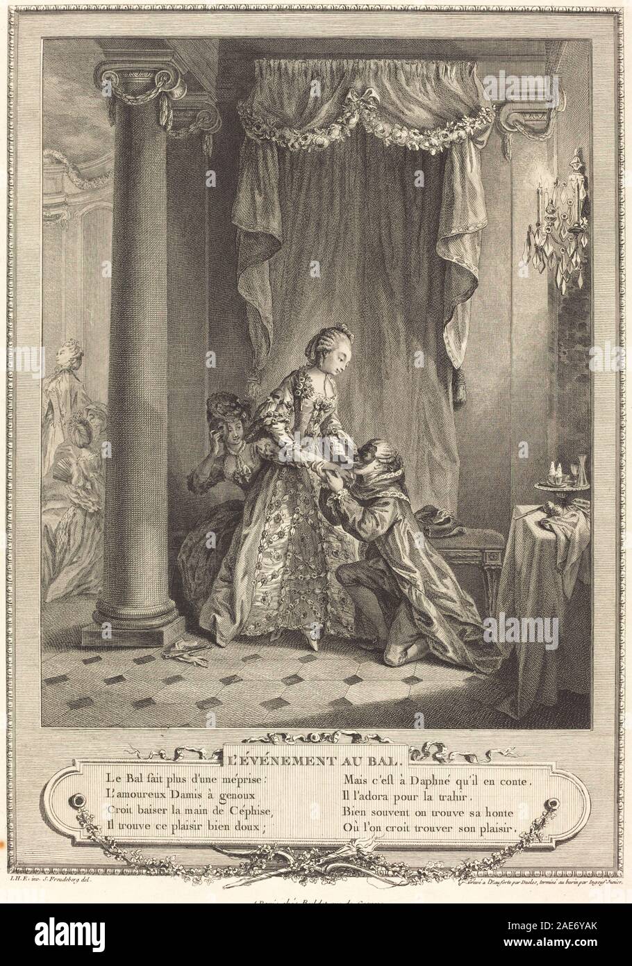 L'evenement Au Bal; 1775 Datum Antoine-Jean Duclos und Francois-Robert Ingouf nach Sigmund Freudenberger, L'evenement Au Bal, 1775 Stockfoto