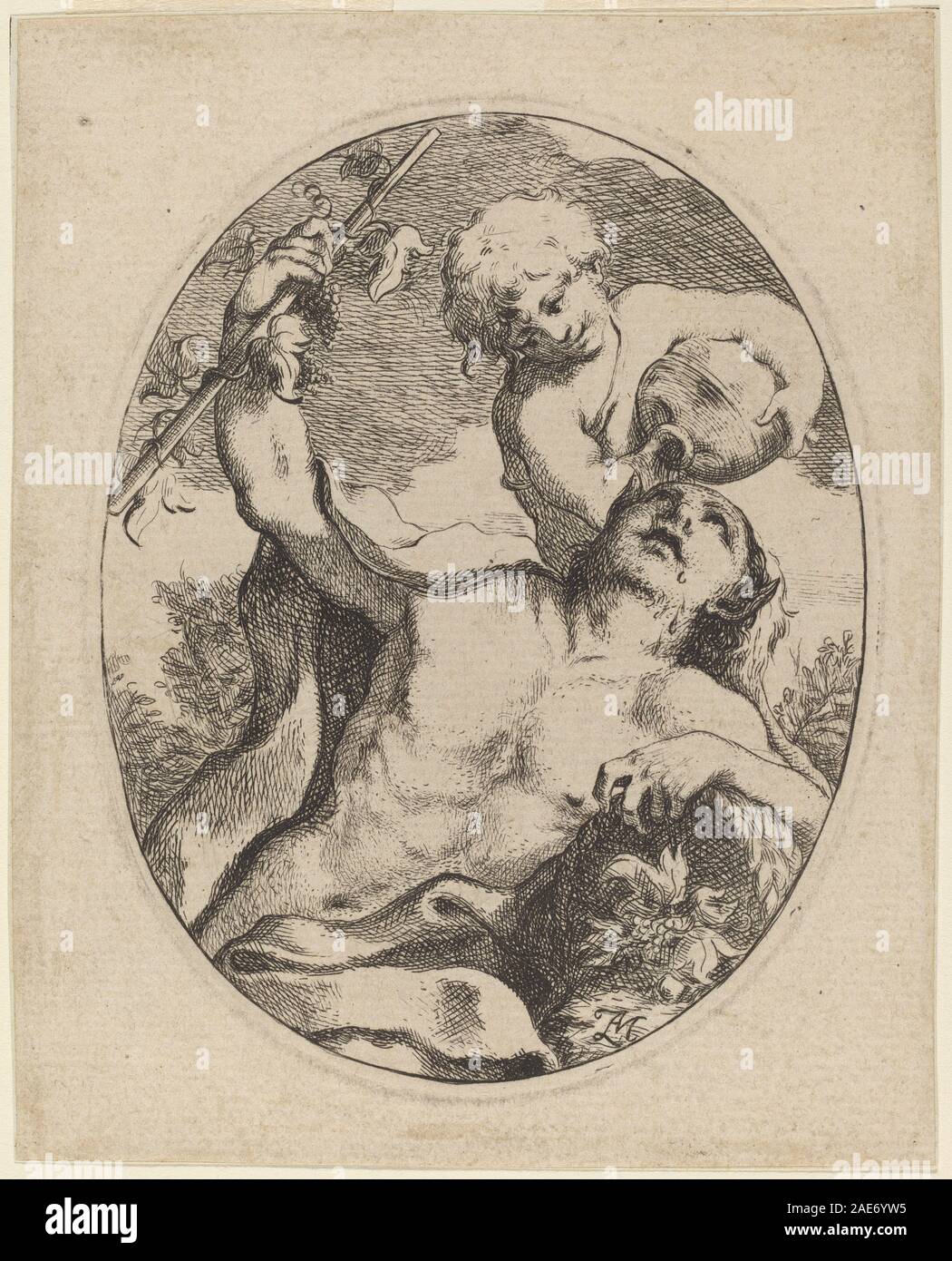 Bacchus, 1740er Jahre, von Anton Maria Zanetti II., stellt den römischen Gott des Weines in Malerei oder Zeichnung dar und zeigt Attribute wie Trauben, Becher, thyrsus und klassische europäische künstlerische Stile des 18. Jahrhunderts. Stockfoto