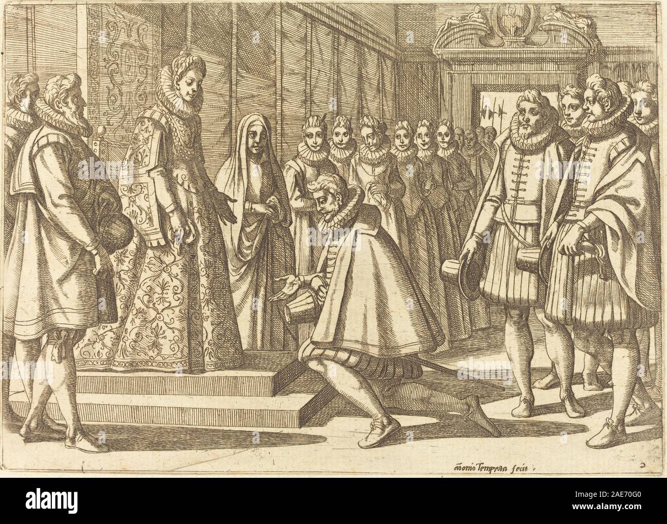 Philipp von Spanien vor Margarete von Österreich; 1612 Datum Antonio Tempesta, Philipp von Spanien vor Margarete von Österreich, 1612 Stockfoto