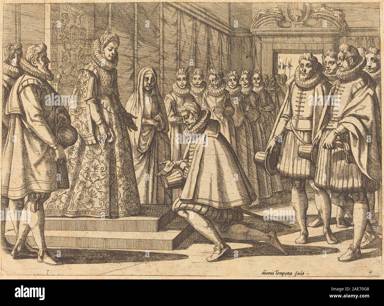 Philipp von Spanien vor Margarete von Österreich; 1612 Datum Antonio Tempesta, Philipp von Spanien vor Margarete von Österreich, 1612 Stockfoto