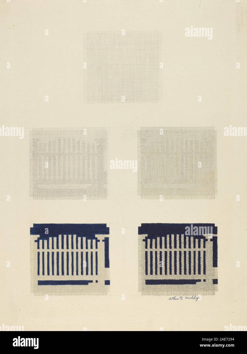 Chart of Coverlet Thread Construction, 1941 von Arthur G Merkley, ist ein technisches Diagramm, das gewebte Textilmuster, Fadenwege, Struktur und Farbcodierung für das Coverlet Design zeigt. Stockfoto