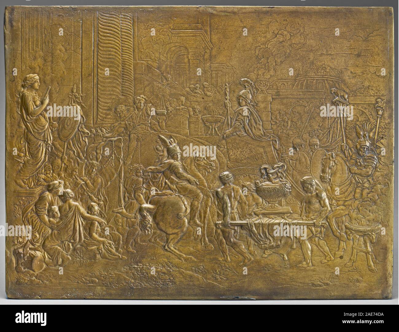 Das Gemälde zeigt Alexander den Großen, der Babylon triumphiert, und zeigt militärische Prozession, eroberte Gebiete und zeremonielle Pracht. Es spiegelt Interpretationen der klassischen Geschichte des 18. Jahrhunderts wider, mit detaillierten Figuren, architektonischen Elementen und Betonung auf Macht und Eroberung. Stockfoto