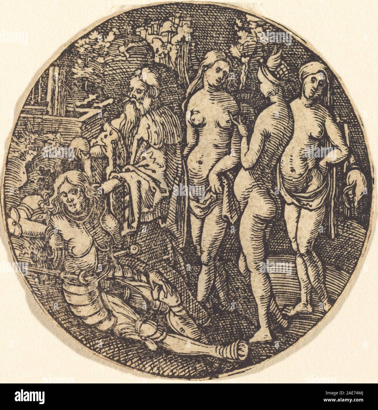 Ein Renaissance-Kunstwerk, das Hans Springinklee zugeschrieben wird, zeigt die mythologische Geschichte des Pariser Gerichts, in der Paris den goldenen Apfel einer der drei Göttinnen präsentiert. Stockfoto