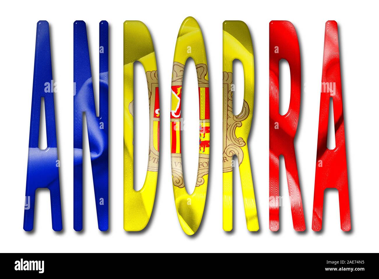 Andorra Wort 3D Illustration mit Flagge Textur Stockfoto