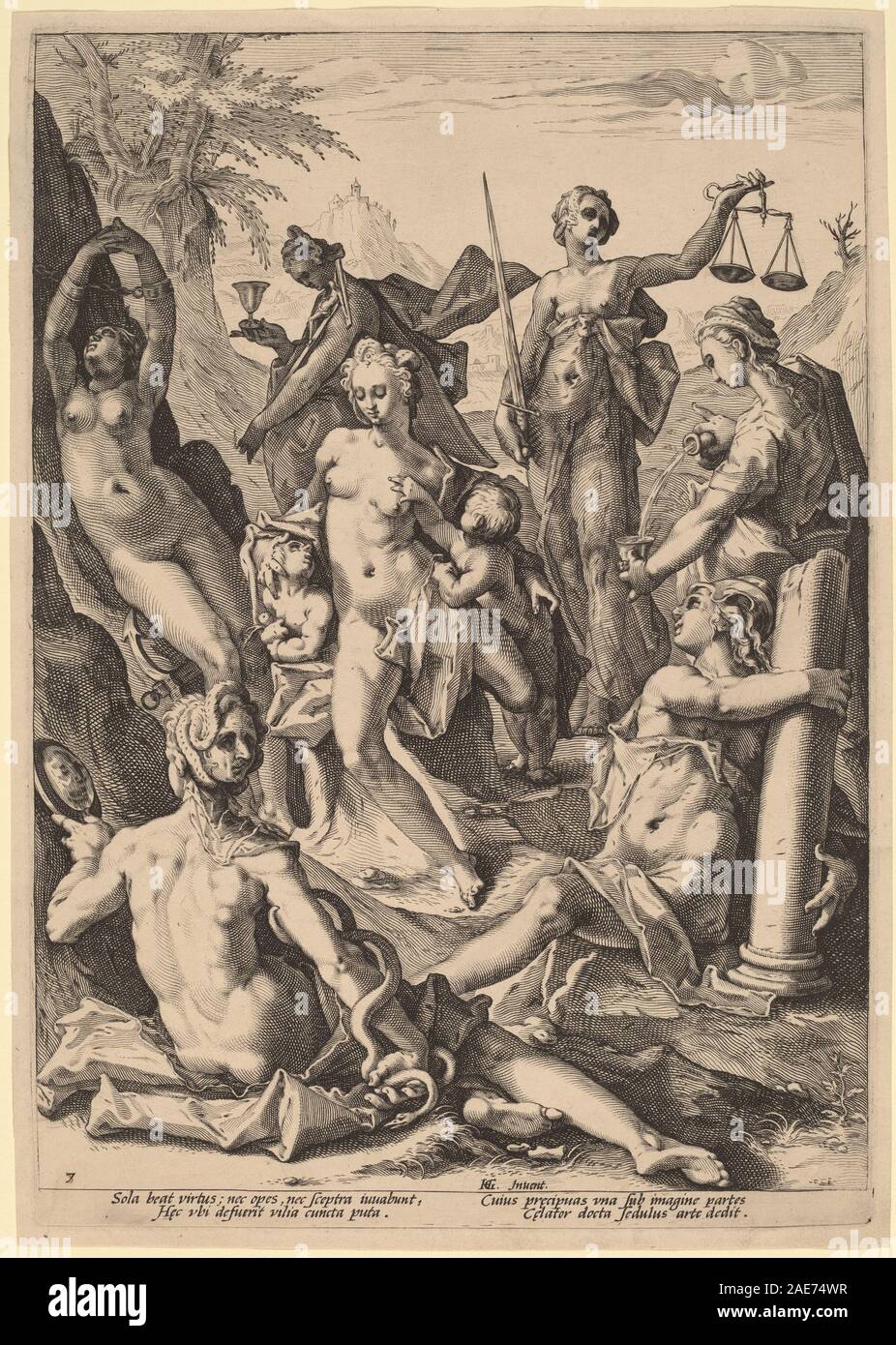 Gravur der Sieben Tugenden, personifiziert als allegorische Figuren, die moralische Qualitäten repräsentieren. Jacob Matham nach Hendrik Goltzius aus dem Jahr 1588 zugeschrieben, was nordeuropäische Gravurtechniken des späten 16. Jahrhunderts widerspiegelt. Stockfoto