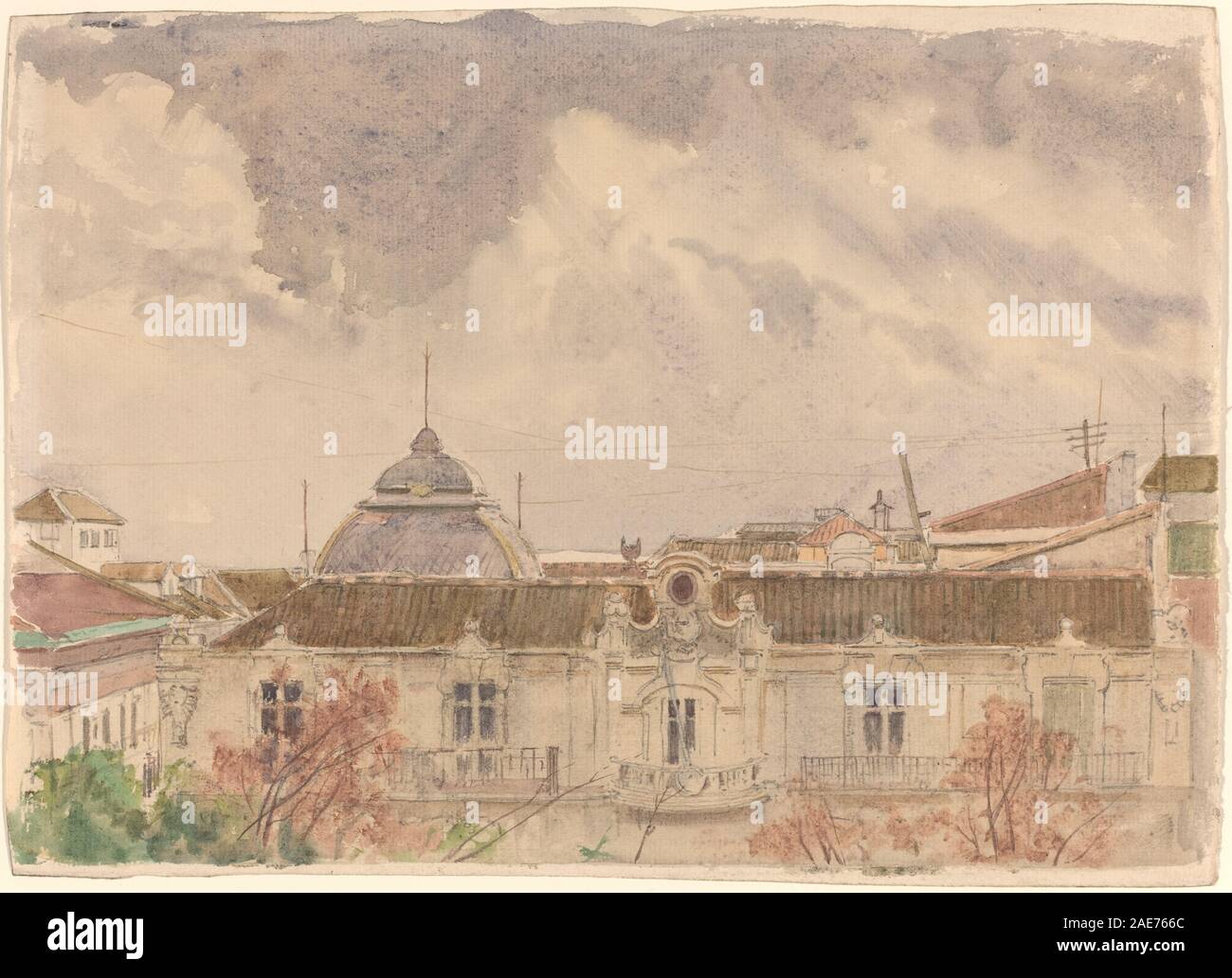 Das Schloss Belvedere in Wien, das Rudolf von Alt zugeschrieben wird, zeigt die barocke Schlossanlage mit symmetrischen Fassaden, Gärten, Wegen, Terrassen, Fenstern, und architektonische Details in einer urbanen Umgebung. Stockfoto