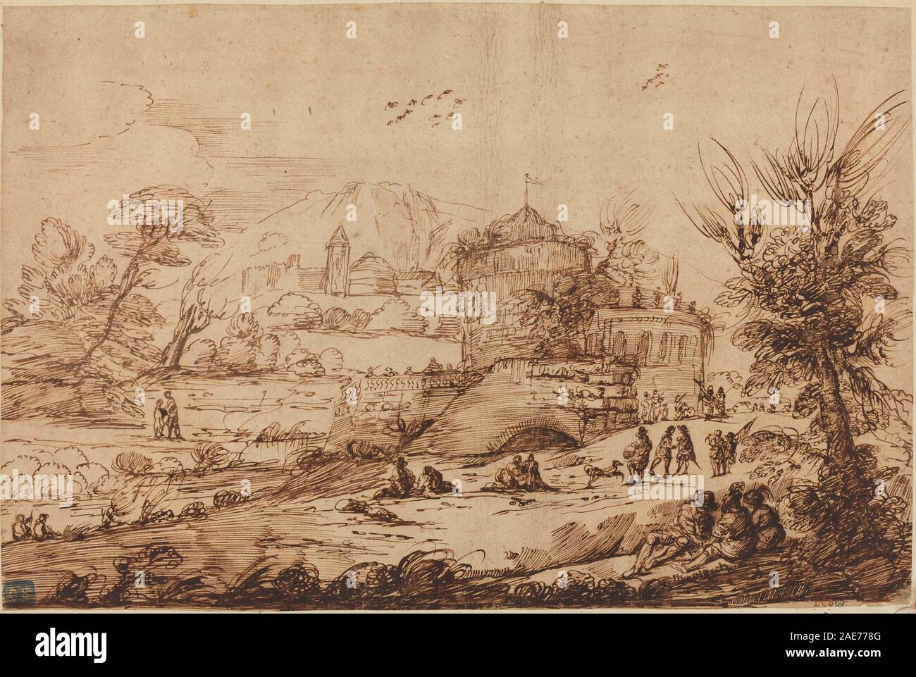 Landschaft mit Festung und Fluss, zweite Hälfte des 18. Jahrhunderts, nach Giovanni Francesco Barbieri (Guercino), zeigt ein befestigtes Gebäude in der Nähe eines Flusses, umliegendes Gelände, Bäume, Hügel, Himmel, Wasserreflexionen und europäische Landschaftsmaltechniken des 18. Jahrhunderts. Stockfoto