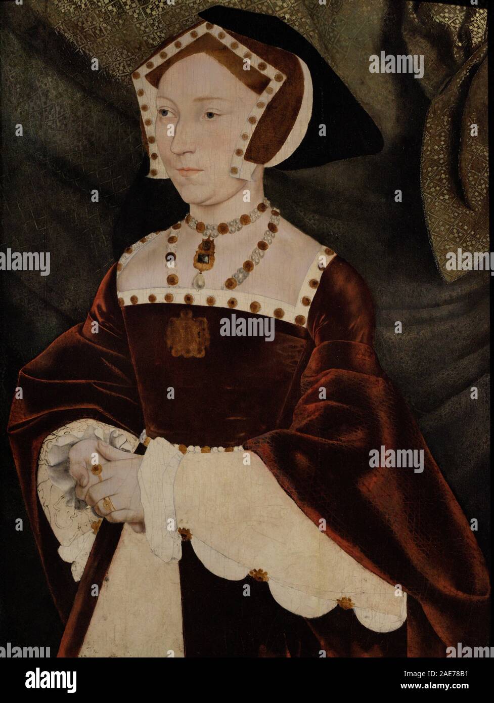 Jane Seymour (1508-1537), tercera esposa de Enrique VIII de Inglaterra y Reina consorte. Retrato. Taller de Hans Holbein el Joven. Oleo sobre Tabla, h. 1540. National Portrait Gallery. Londres. Inglaterra. Stockfoto