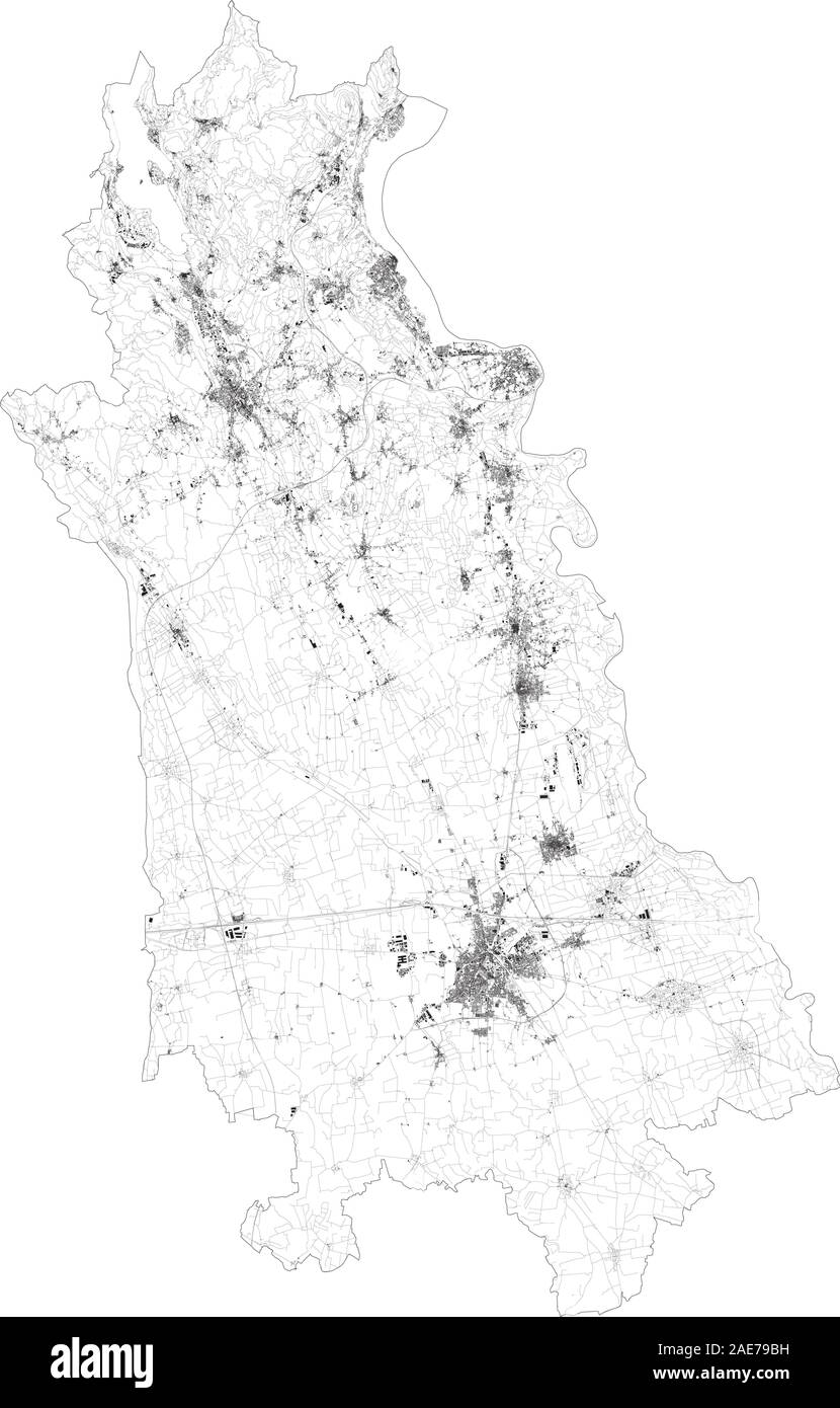 Sat-Karte der Provinz Novara, Städte und Straßen, Gebäude und Straßen der Umgebung. Piemont, Italien. Karte Straßen, Straßen Stock Vektor