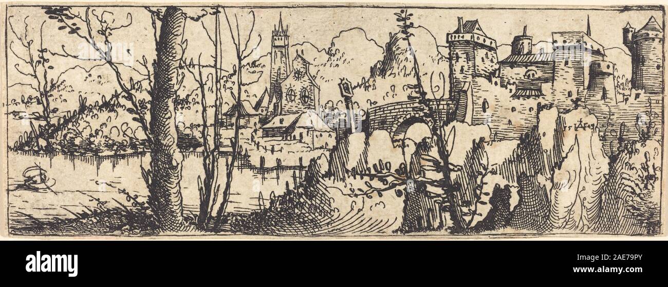 Landschaft mit Schloss auf der rechten Seite, von Felsen umgeben; 1546 Datum Augustin Hirschvogel, Landschaft mit Schloss auf der rechten Seite, von Felsen umgeben, 1546 Stockfoto