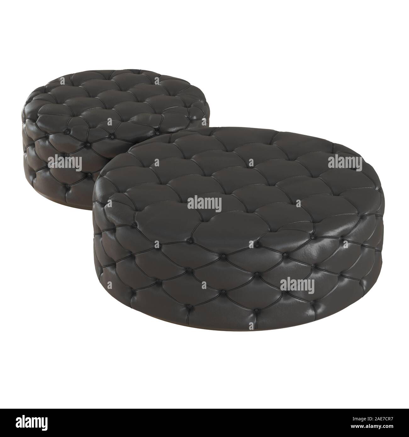 Zwei runde gesteppt schwarz Leder Hocker an einem isolierten Hintergrund. 3D-Rendering Stockfoto