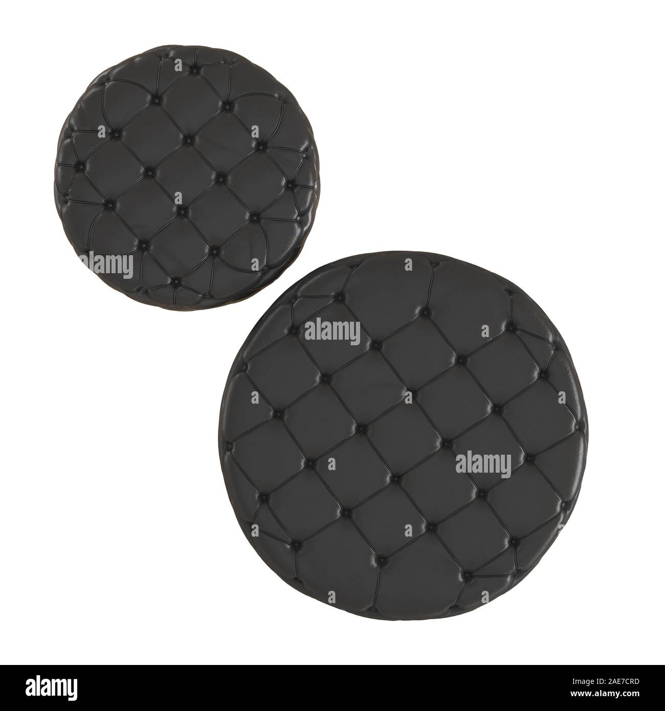Zwei runde gesteppt schwarz Leder Hocker an einem isolierten Hintergrund. 3D-Rendering Stockfoto