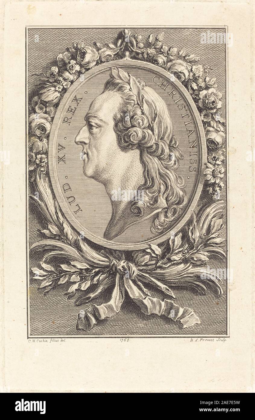 Ein Kupferstich von 1765 von Benoît-Louis Prévost nach Charles-Nicolas Cochin II., der Ludwig XV. Darstellt. Das Werk betont königliche Porträts, Kleidung und historischen Kontext des Frankreich des 18. Jahrhunderts. Stockfoto