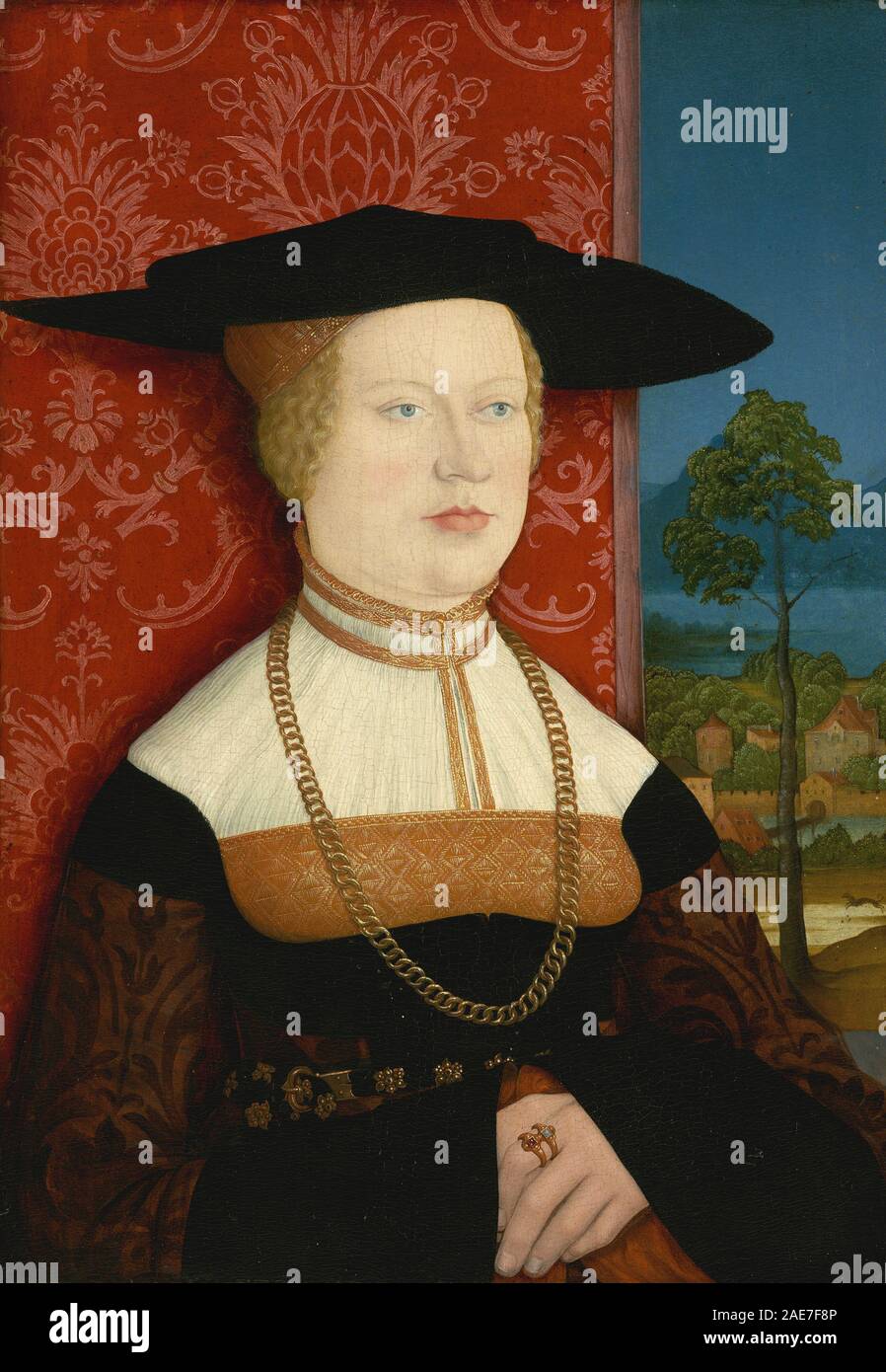 Ein Porträt von Margarethe Vöhlin, Ehefrau von Hans Roth, gemalt 1527 von Bernhard Strigel, zeigt Renaissancekleidung, Frisur und edlen Status. Stockfoto