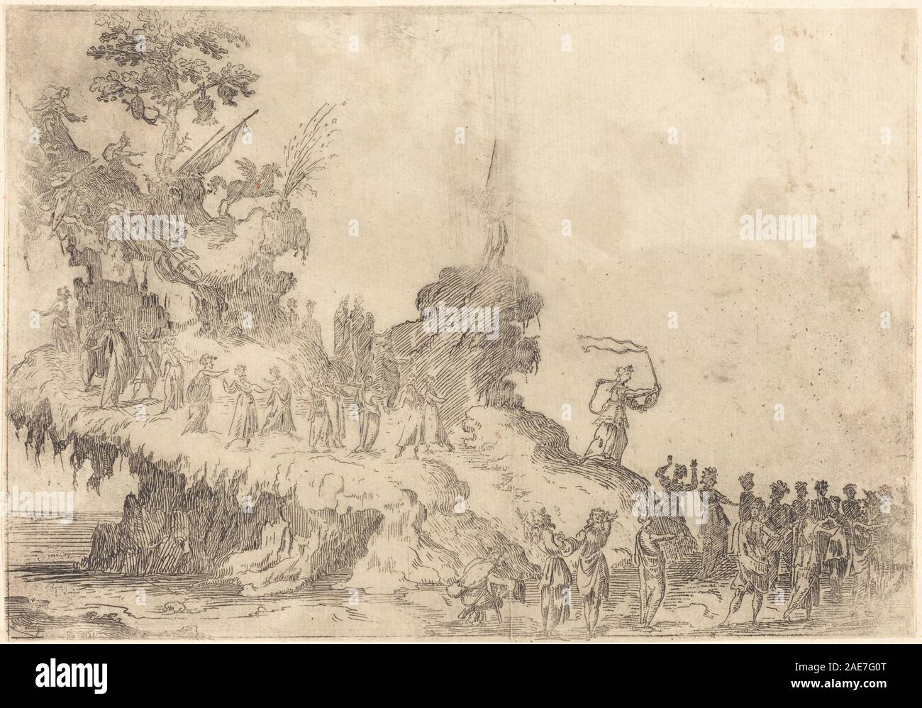 Gravur mit dem Schwimmer des Mount Parnassus, geschaffen nach Jacques Callot, mit Figuren, mythologischem Thema, Bergen und künstlerischer Komposition. Stockfoto