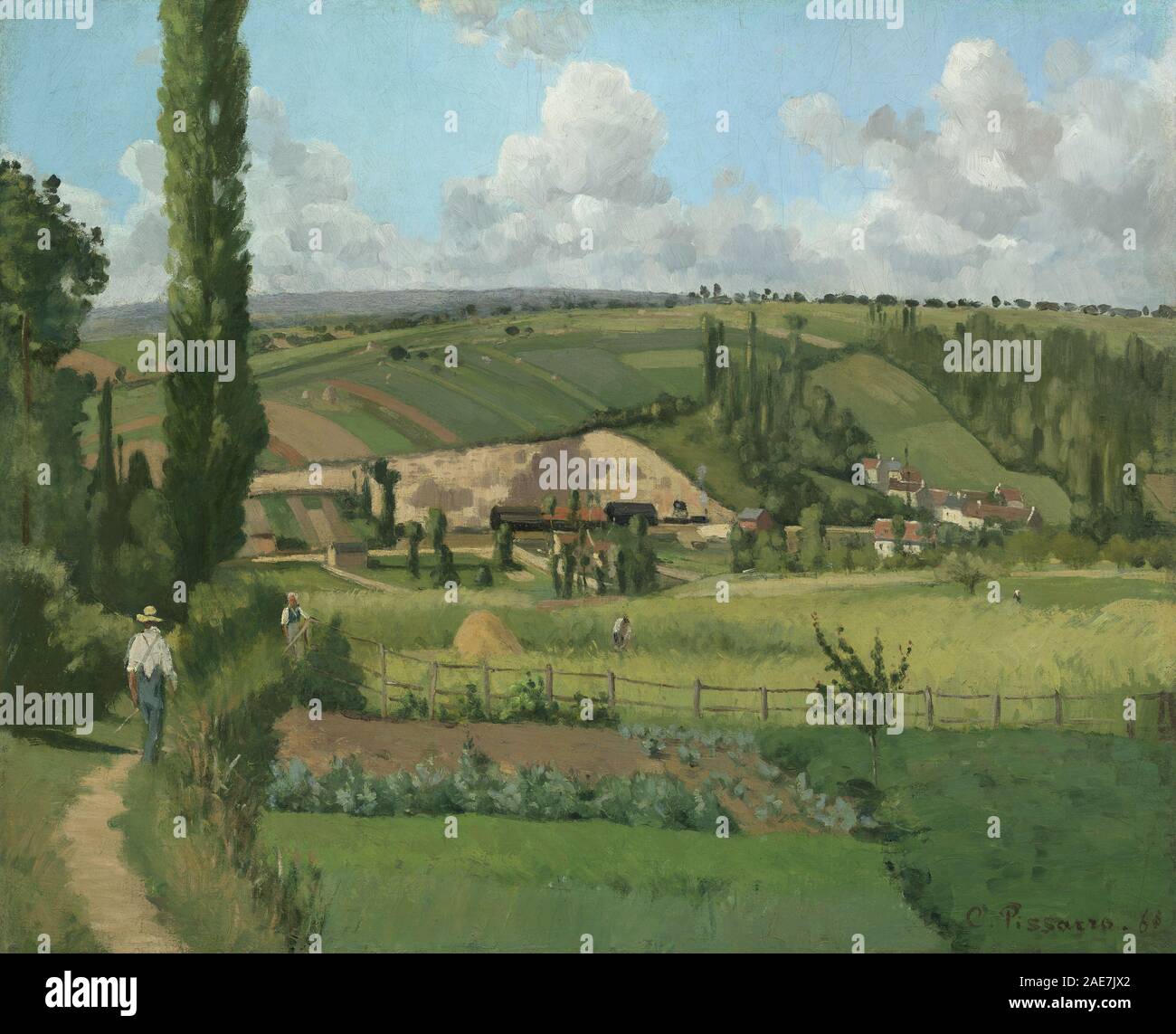 Ein Gemälde von Camille Pissarro aus dem Jahr 1868, das die Landschaft von Les Pâtis, Pontoise, zeigt Bäume, Fluss und ländliche Landschaft. Stockfoto